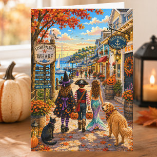 Bezaubernde Herbst-Küsten-Szene Frohe Halloween-Ka Karte