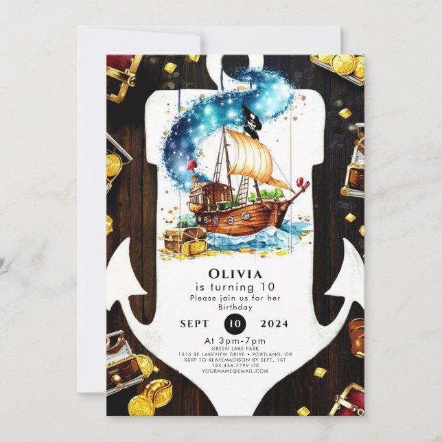 Bezaubernde Pastelle Schatzsuche Piraten Geburtsta Einladung (Vorderseite)