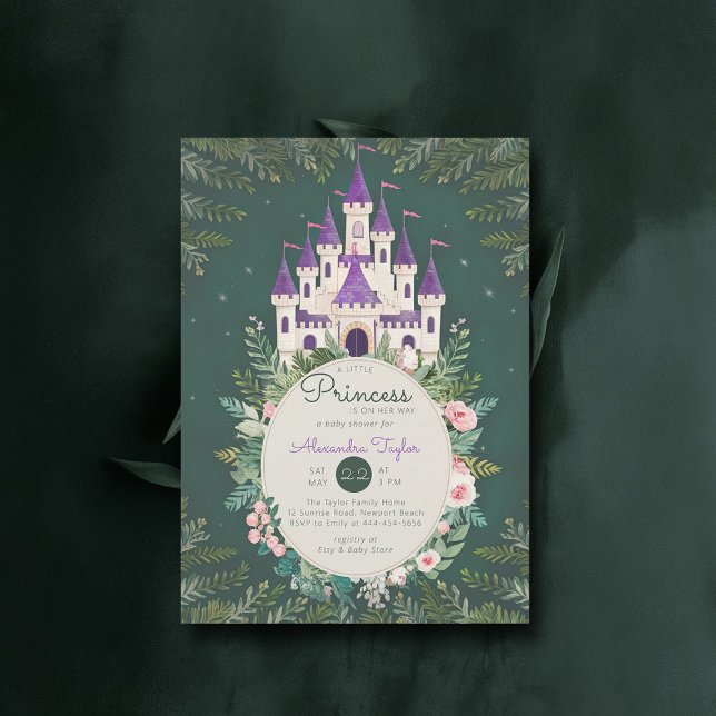 Bezaubernde Prinzessin Burg Rose Babydusche Einladung (princess girl baby shower invitation enchanted forest magical castle roses greenery frame)