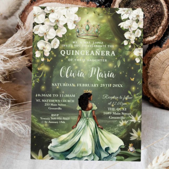 Bezaubernde Prinzessin & Frog Grünes Kleid Quincea Einladung (princess-and-the-frog-green-dress-gown-enchanted-swamp-white-orchids-floral-quinceanera-invitation)