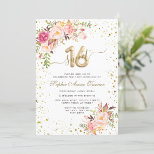 Bezaubernde Rosa Blume Gold Confetti Sweet 16 Einladung