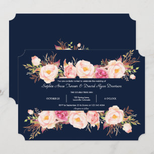 Bezaubernde rosa Blumenrahmen Navy Blue Wedding Einladung