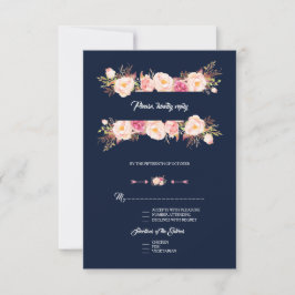 Bezaubernde rosa Blumenrahmen Navy Blue Wedding RSVP Karte