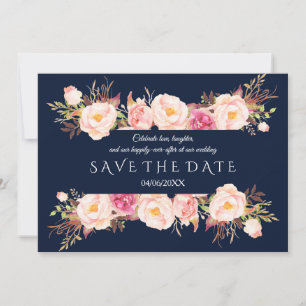 Bezaubernde rosa Blumenrahmen Navy Blue Wedding Save The Date