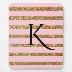 Bezaubernde Rosa-und Goldgestreifte mit Monogramm Mousepad
