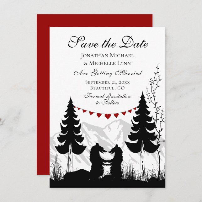 Bezaubernde Silhouette Mountain Bear Couple Weddin Save The Date (Vorne/Hinten)