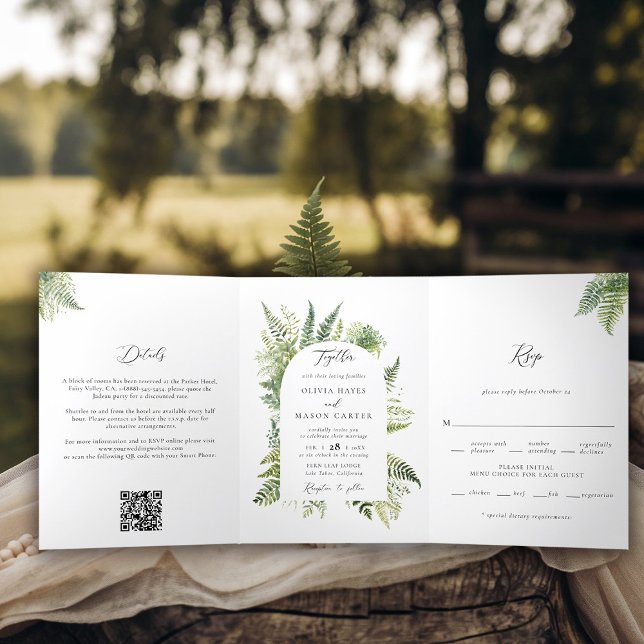 Bezaubernde Waldberge Ferne in einer Hochzeit Dreifach Gefaltete Einladung (enchanted forest wedding invitation botanical crest ferns outdoors mountains sage all one trifold)