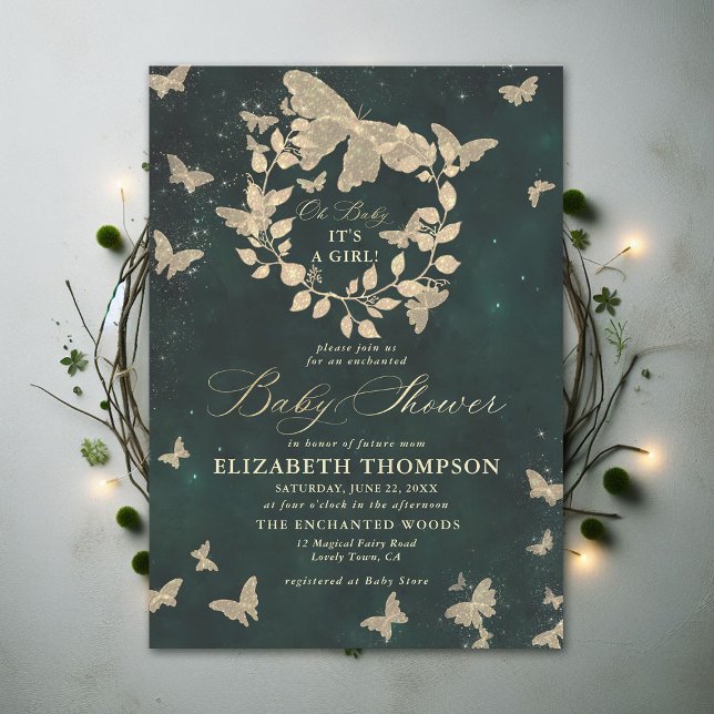 Bezaubernde Waldbutterflies Grüne Babydusche Einladung (Enchanted Forest Emerald Green Greenery Butterflies Modern Calligraphy Baby Shower Invitation)