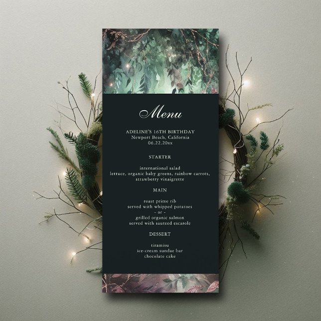 Bezaubernde Wälder Reben Gold Mauve Elegantes Menü Menükarte (enchanted forest sweet 16 birthday menu moody emerald green dripping lights watercolor calligraphy)