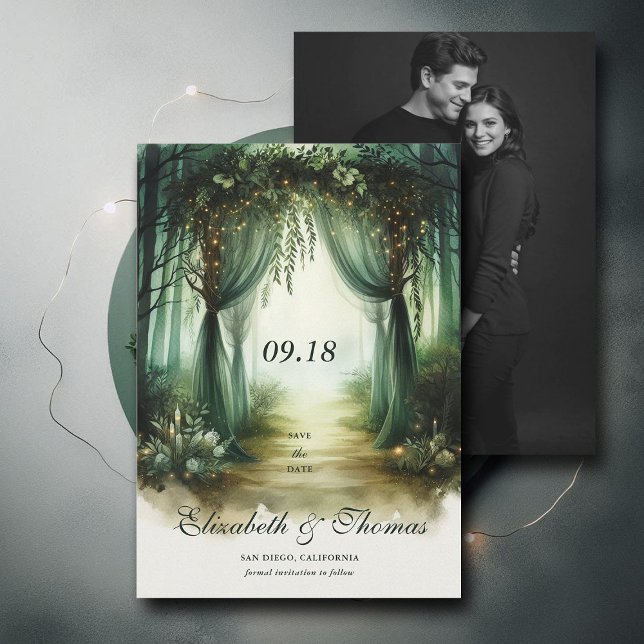Bezaubernde Waldfriedensfeier - Moody-Woodland-Fot Save The Date (enchanted forest woodland wedding save the date arch canopy calligraphy fairy tale magic moody green)