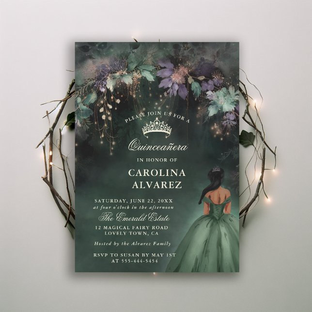 Bezaubernde Waldgärten Arch Magical Quinceanera Einladung (enchanted forest quinceanera invitation watercolor princess dress emerald hunter green fairytale)