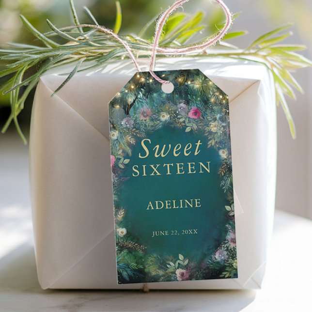 Bezaubernde Waldgrün-Rose Name Fairy Woodland Geschenkanhänger (enchanted forest personalized gift tag wild roses wildflower floral emerald gold woodland fairycore)