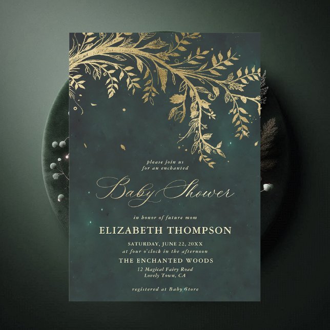 Bezaubernde Waldkaskadendusche für Grünpflanzen Einladung (Enchanted Forest Emerald Green Greenery Modern Calligraphy Neutral Baby Shower Invitation)