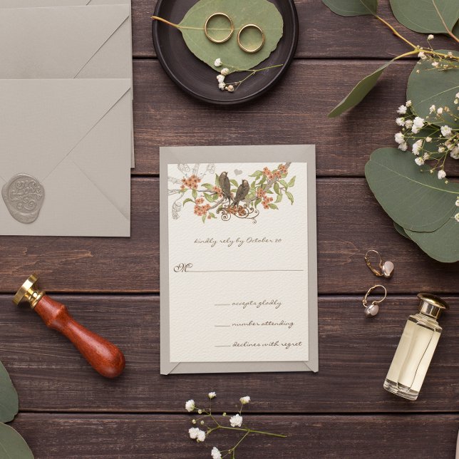 Bezaubernde Waldkorallen & Vintage Liebesvögel Einladung (Von Creator hochgeladen)