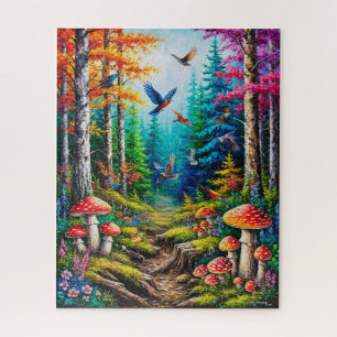 Bezaubernde Waldlandschaft mit farbenfrohen Vögeln Puzzle