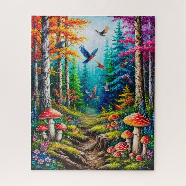 Bezaubernde Waldlandschaft mit farbenfrohen Vögeln Puzzle (Vertikal)