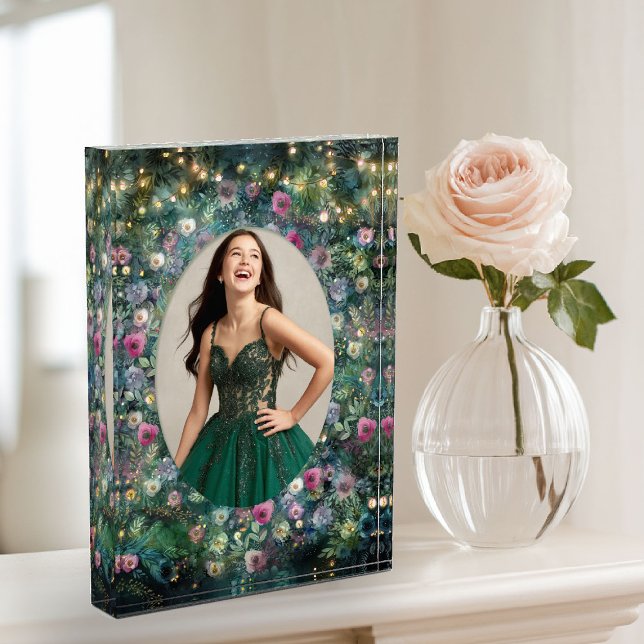 Bezaubernde Waldlandschaft Rose Waldweide Fee Fotoblock (enchanted forest photo block wild rose floral emerald gold woodland fairy greenery sweet 16 keepsake)