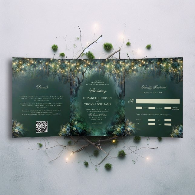 Bezaubernde Waldlandschaften-Märchenmärchen Dreifach Gefaltete Einladung (enchanted forest woodland wedding invitation emerald hunter green gold all in one tri fold romantic)