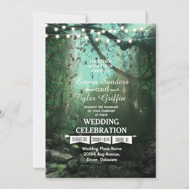 Bezaubernde Waldlichter Rustikale Hochzeitseinladu Einladung (Vorderseite)