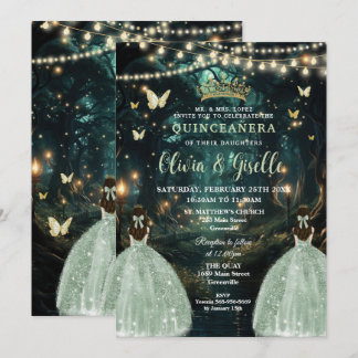 Bezaubernde Waldmagen Grüne Twins Quinceañera Einladung