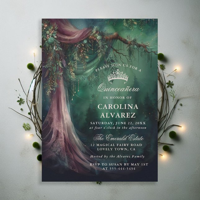 Bezaubernde Waldmärchen Magische Quinceañera Einladung (enchanted forest quinceanera emerald green mauve purple veil woodland fairy tale faerie magic invite)