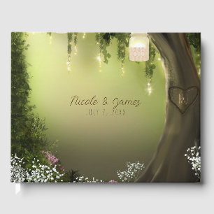 Bezaubernde Waldmason Jar Lights Blumenhochzeit Gästebuch