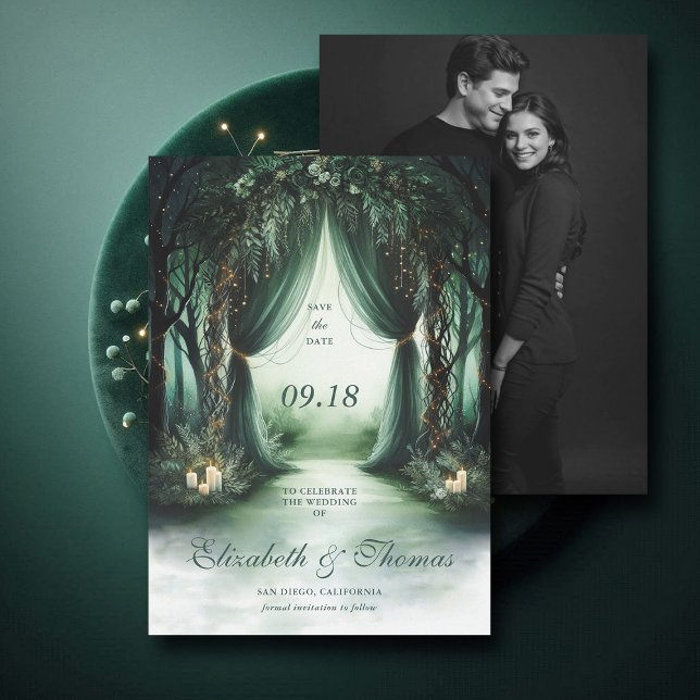 Bezaubernde Waldmoody Dark Woodland Foto Hochzeit Save The Date (enchanted forest woodland wedding save the date arch canopy calligraphy fairy tale magic bespoke)