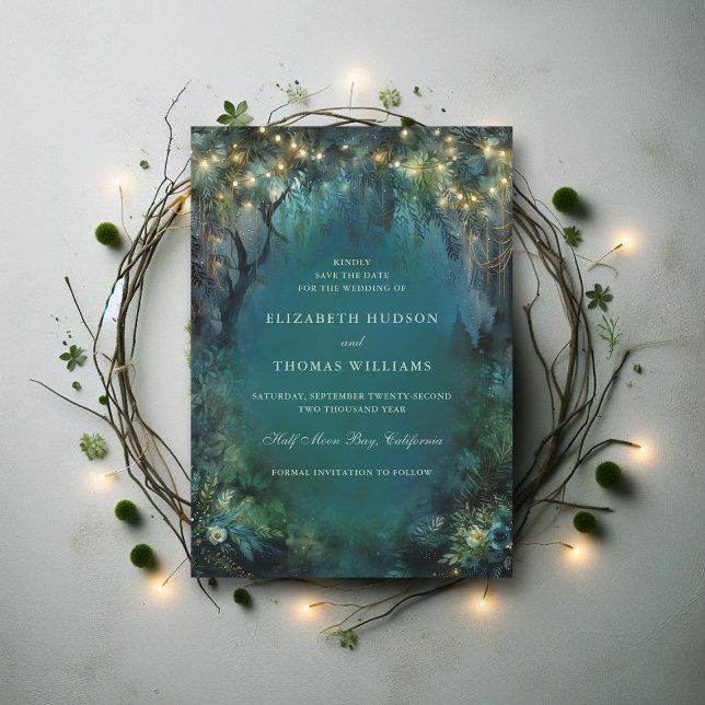 Bezaubernde Waldweidenblüte Save The Date (enchanted forest woodland wedding save the date card emerald gold magic fairy tale)