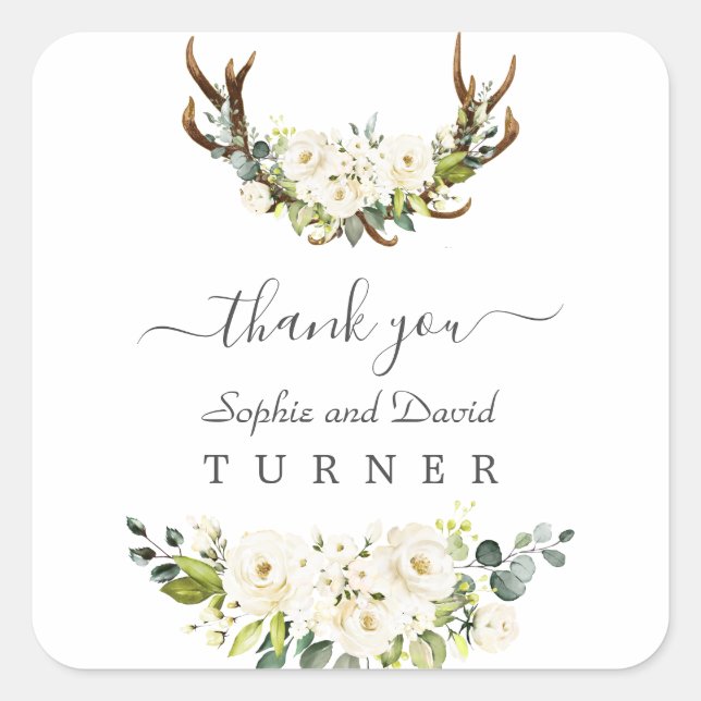 Bezaubernde Wasserfarben Weiße Blume Antler Hochze Quadratischer Aufkleber (Vorderseite)