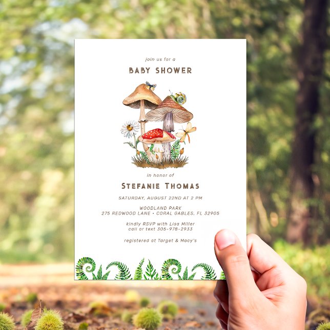 Bezaubernde Wasserfarbenpuschroom Kinderdusche Ein Einladung (Mushroom & Insects Woodland Baby Shower Invite)