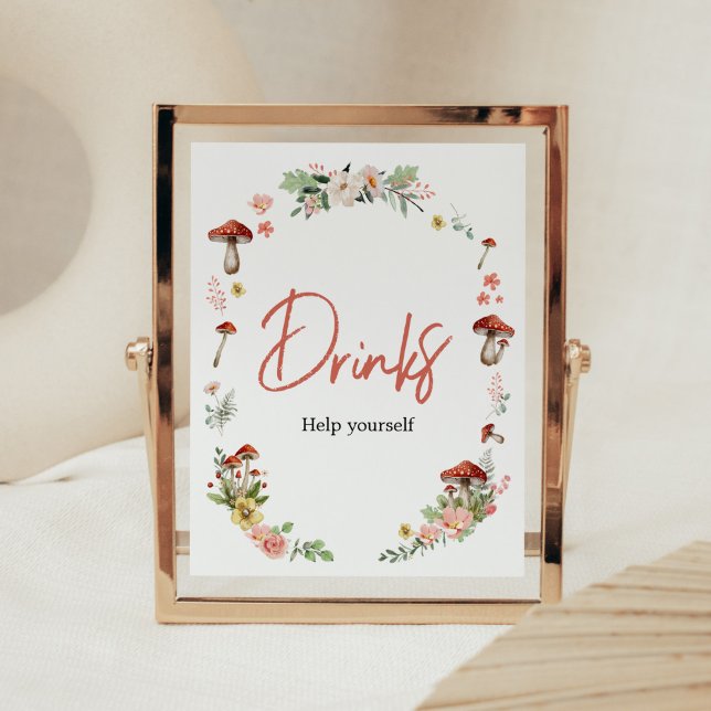 Bezaubernde Wildblume Mushroom Babydusche Getränke Poster (Enchanted Mushroom Baby Shower Drinks Sign)