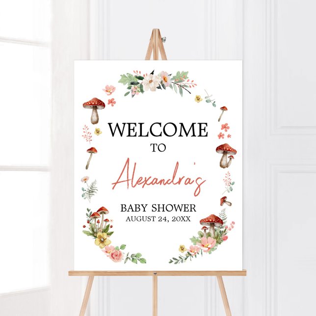 Bezaubernde Wildblume Mushroom Kinderdusche Empfan Poster (Enchanted Mushroom Baby Shower Welcome Sign)