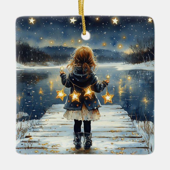 Bezaubernde Winternachtsstars Kinder Weihnachten Keramikornament (Vorderseite)