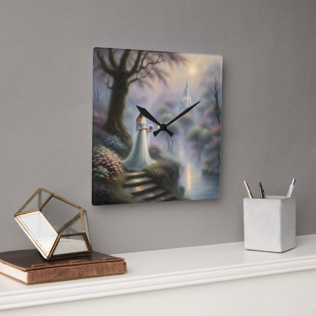 Bezaubernder Burggarten mit Prinzessin Quadratische Wanduhr (Büro)