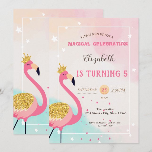 Bezaubernder Glitzer Pink Flamingo Geburtstag Einladung (Vorne/Hinten)