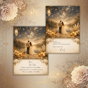 bezaubernder Sternennacht See Blau & Gold Hochzeit Einladung