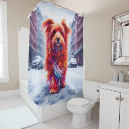 Bezaubernder Straßenhund in frostiger Winterstadt Duschvorhang