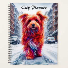 Bezaubernder Straßenhund in frostiger Winterstadt Planer