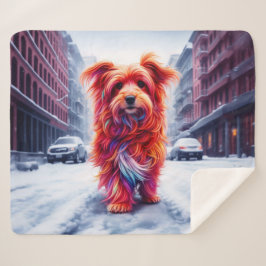 Bezaubernder Straßenhund in frostiger Winterstadt Sherpadecke