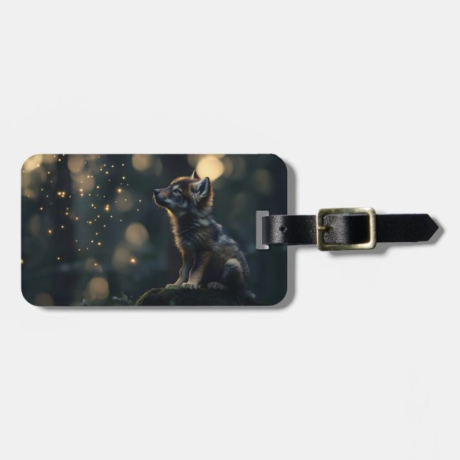 Bezaubernder Wolf, der Fireflies beobachtet Gepäckanhänger (Vorderseite horizontal)