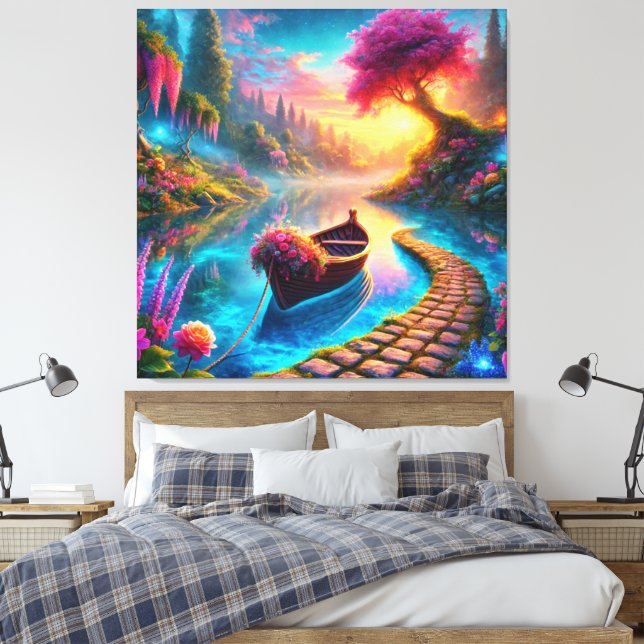 Bezauberndes Blumenboot auf Serene Waters Fantasy Leinwanddruck (Insitu (Schlafzimmer))