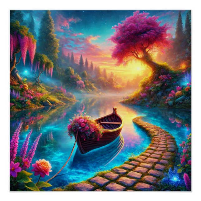 Bezauberndes Blumenboot auf Serene Waters Fantasy Poster (Vorderseite)