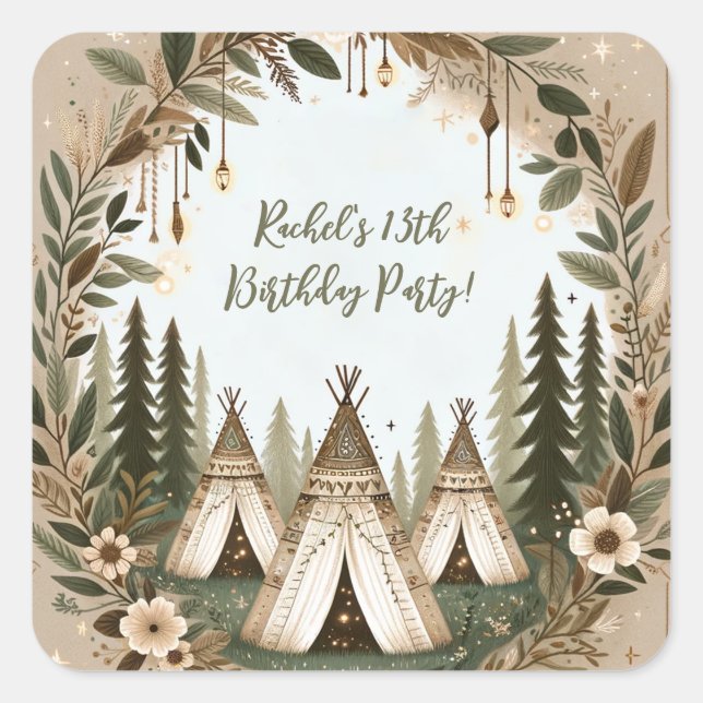 Bezauberndes Boho Forest Teepee Sleepover Party Quadratischer Aufkleber (Vorderseite)