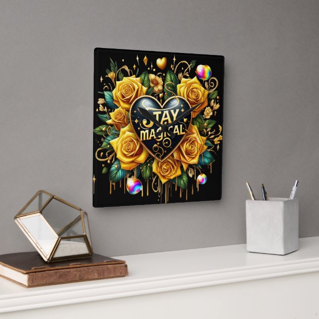 Bezauberndes Bouquet mit goldenen Rose und Herz Quadratische Wanduhr (Büro)