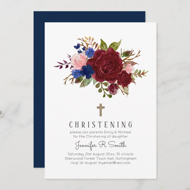 Bezauberndes Burgundy Blue Pink Floral CHRISTENING Einladung (Vorne/Hinten)