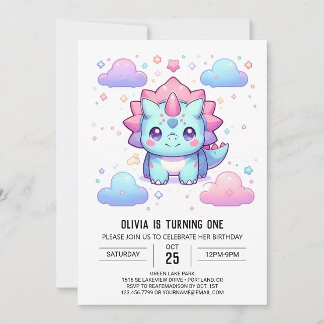 Bezauberndes Dinosaurier 1. Geburtstag Einladung (Vorderseite)