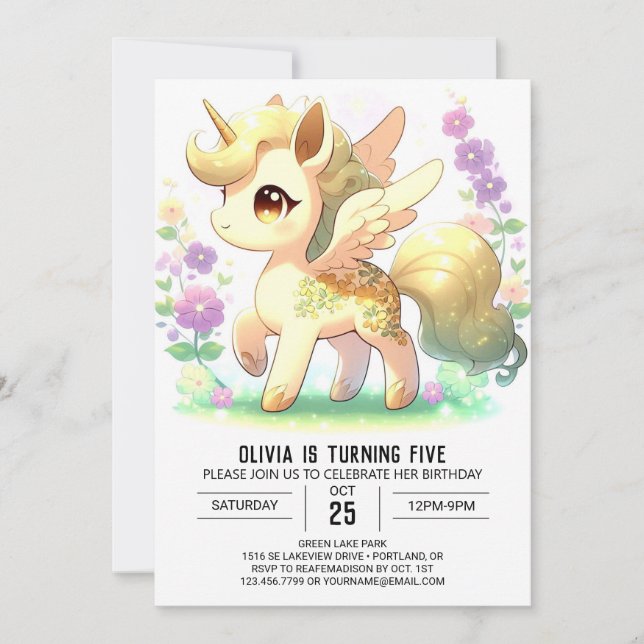 Bezauberndes Elegantes Einhorn Einladung (Vorderseite)