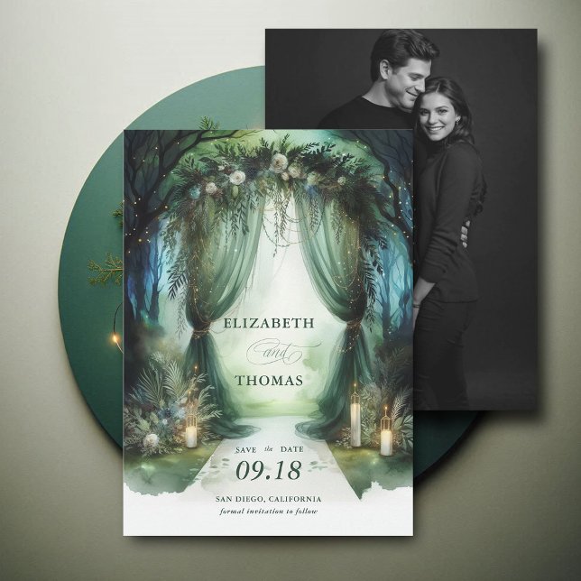 Bezauberndes Forest Dreamy Moody Canopy Foto Hochz Save The Date (enchanted forest woodland wedding save the date arch canopy calligraphy fairy tale magic moody dark)