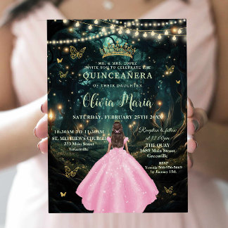 Bezauberndes Forest Light Pink Dress Gold Quinceañ Einladung