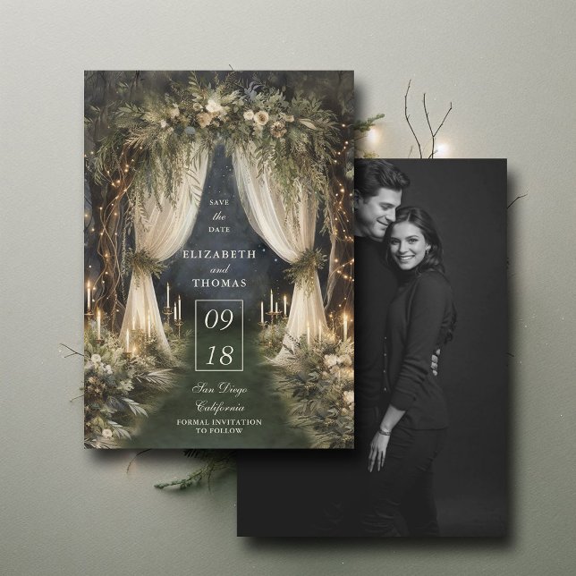 Bezauberndes Forest Romantic Canopy Foto Hochzeit Save The Date (enchanted forest woodland wedding save the date romantic canopy fairy tale magic bespoke)